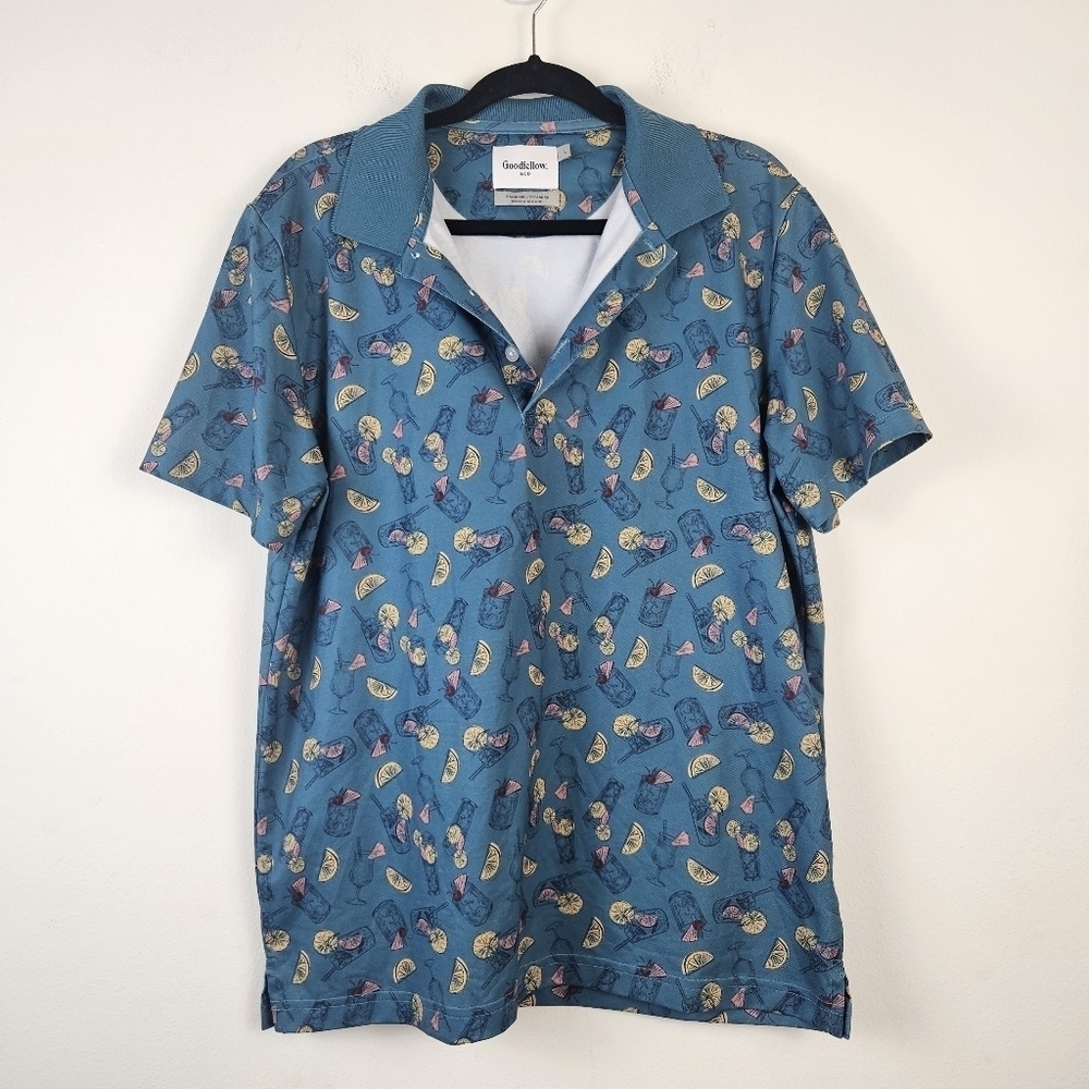 Goodfellow & Co Polo Mens Size Large Teal Cocktails Drinks Tea Lemonade Shirt